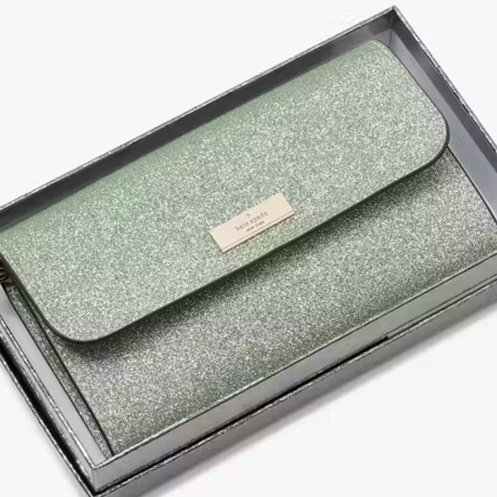 KATE SPADE NIB Kenzie Boxed Seawater Sparkling Green Glitter Medium Flp Wristlet - Picture 13 of 16